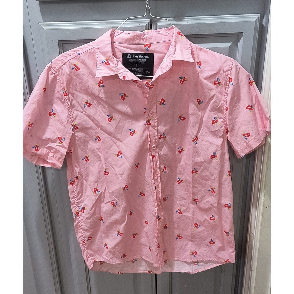 PlayStation Mens Pink Short Sleeve Button Down Shirt All Over Logo Print Large